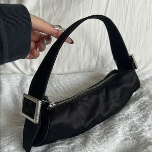 BY FAR Black Satin Shoulder Bag with Rhinestones